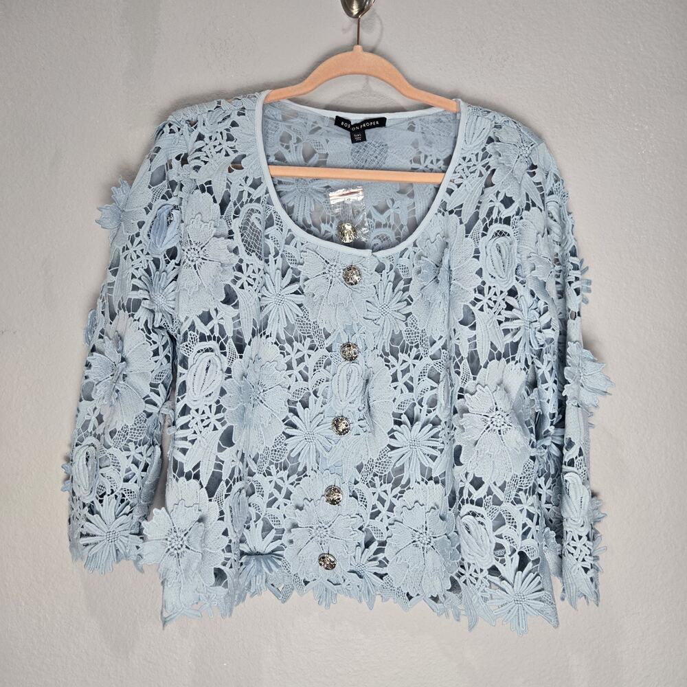Boston Proper L Airy Blue 3D Floral Lace Jacket NWOT